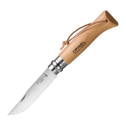 Нож Opinel №8, нержавеющая сталь, рукоять бук с кожаным темляком